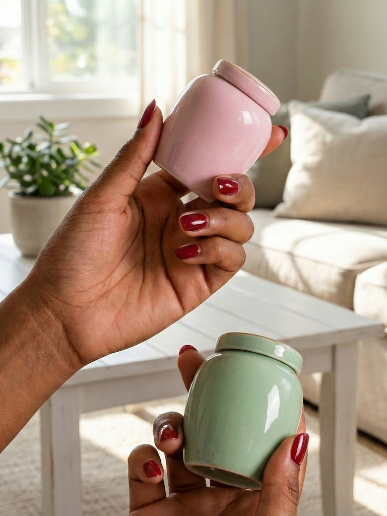 mini urn - mini urn groen - mini urn potje - mintgroen - groene urn - kleine urn met deksel - groen urntje - as - huisdier urn - rememberme webshop - mini urn roze en groen in handen